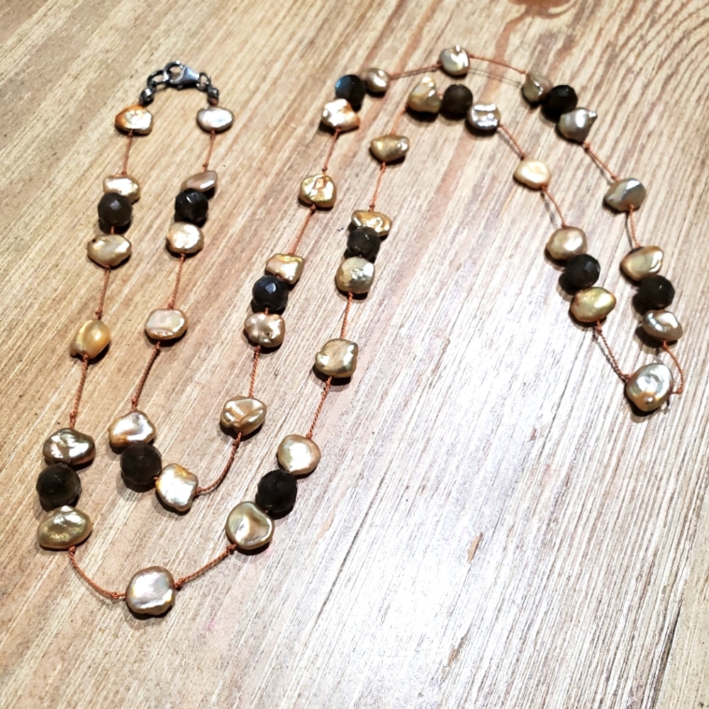 Labradorite Champagne Pearl Beads Sterling Silver Clasp Long 30" Necklace